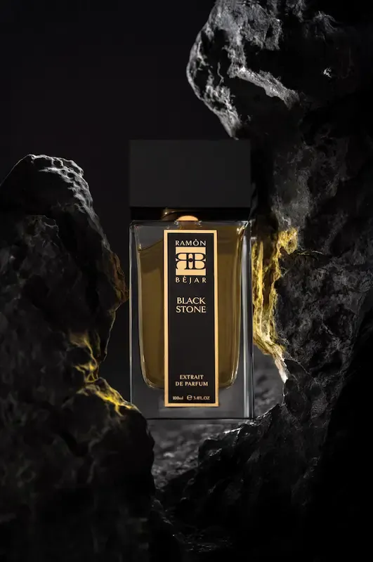 Ramón Bejar perfume bottle on dark rock