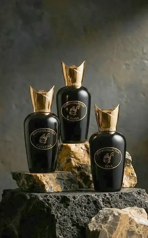 Sospiro perfume bottles on a rock