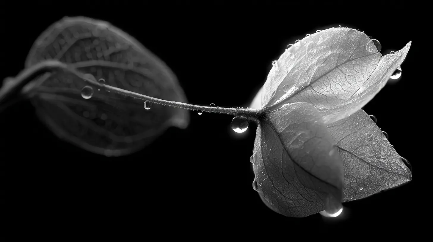 Black and white petals against a window beaded with drops